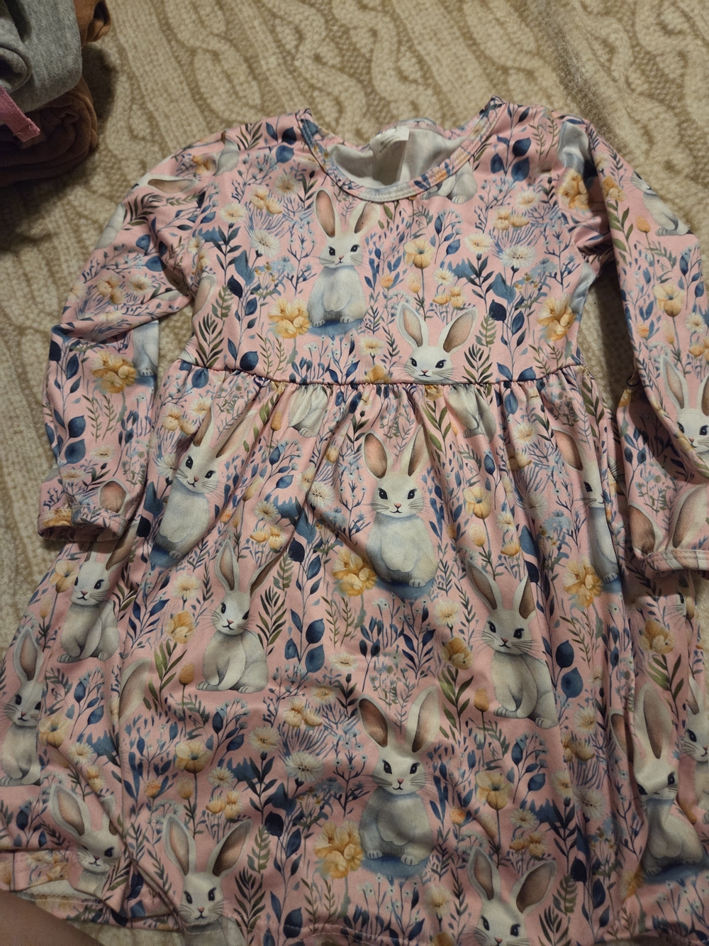 Girls' Pink Easter Bunny Floral Long-Sleeve Dress